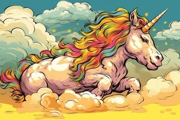 Wall Mural - majestic unicorn galloping through a fluffy cloud-filled sky. Generative AI