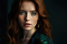 Stunning Portrait Of A Woman With Mesmerizing Blue Eyes And Flowing Auburn Hair, Wearing A Deep Green Velvet Dress, Generative Ai