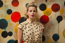 Woman With Pale Yellow Background, Wearing A Black And White Polka Dot Dress And Red Lipstick, Standing In Front Of A Large Abstract Painting, Generative Ai