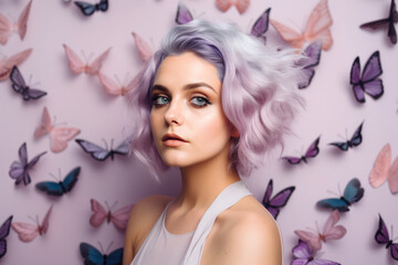 whimsical portrait of a beautiful woman with lavender-hued hair and delicate butterfly wings, her serene expression set against a lavender and pink pastel background, generative ai