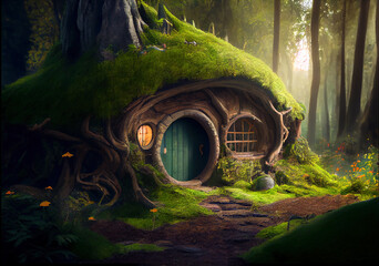 Poster - Strange house in fantasy forest, generative AI. Fairy tale home covered green grass