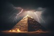 Lightning striking pyramid; theory of ancient aliens. Generative AI