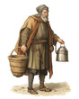 © Jackson - Medieval Peasant, Serf, Illustration of bearded peasant holding milk pail, grain basket (Generative AI)