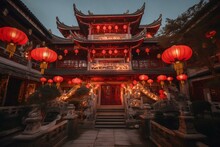 Stunning Asian Castle Exterior Adorned With Traditional Lanterns Celebrating Chinese Lunar New Year. Generative AI