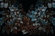 Close-up Of Blue And Brown Floral Design On Black Wall With White Border. Generative AI