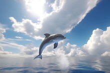 Dolphin With Blue Sky And White Clouds Background Made With Generative AI