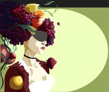 Woman with huge hairdo with fruit and eyemask, piratestyle with copy space