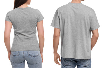 Wall Mural - people wearing grey t-shirts on white background, back view. mockup for design