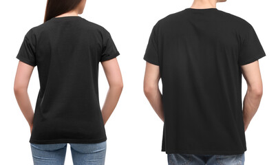 Wall Mural - people wearing black t-shirts on white background, back view. mockup for design