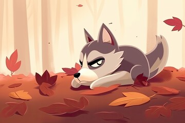 Poster - majestic wolf resting on a bed of autumn leaves. Generative AI