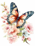 Fototapeta Motyle - Butterfly, asian style, flowers, pastel colors, digital prints, digital assets, watercolor. Generative AI.