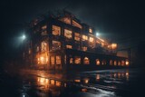 Fototapeta Londyn - Spooky factory at night, lit in fiery hues amidst darkness. Generative AI