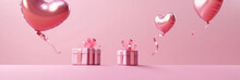 Concept 3D Heart Shaped Balloons Flying With Gift Boxes On Pink Background, Love Concept For Happy Mother's Day, Generative AI