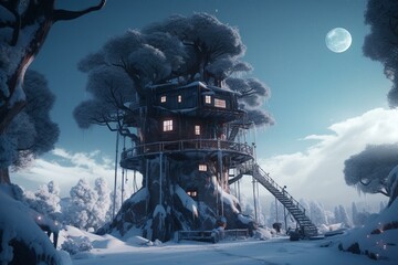 Animated cartoon about a snow alien base and a treehouse tale. Generative AI