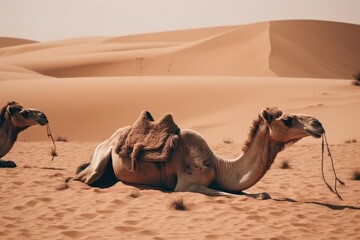 Sticker - two camels resting in the desert sand. Generative AI