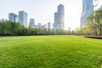 Poster - green lawn with city park