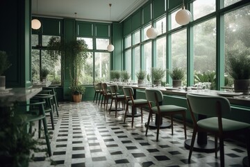 Green and white themed restaurant with matching table and chairs. Generative AI