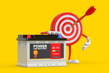 Leinwandbilder - Archery Target and Dart in Center Cartoon Person Character Mascot and Rechargeable Car Battery 12V Accumulator with Abstract Label. 3d Rendering