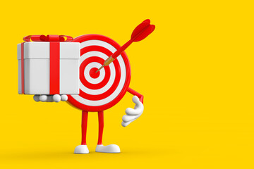 Aufkleber - Archery Target and Dart in Center Cartoon Person Character Mascot and Gift Box with Red Ribbon. 3d Rendering
