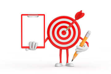 Leinwandbilder - Archery Target and Dart in Center Cartoon Person Character Mascot with Red Plastic Clipboard, Paper and Pencil. 3d Rendering