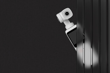 Leinwandbilder - White Pocket Handheld Gimbal Action Camera Behind Glass Strip Panels. 3d Rendering