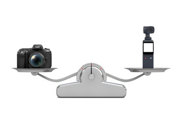 Leinwandbilder - Pocket Handheld Gimbal Action Camera and Modern Digital Photo Camera Balancing on a Simple Weighting Scale. 3d Rendering