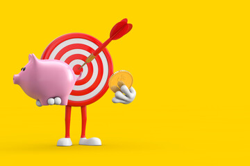Leinwandbilder - Archery Target and Dart in Center Cartoon Person Character Mascot with Piggy Bank and Golden Dollar Coin. 3d Rendering