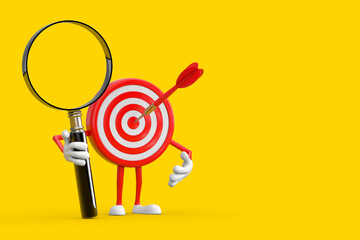 Leinwandbilder - Archery Target and Dart in Center Cartoon Person Character Mascot with Magnifying Glass. 3d Rendering