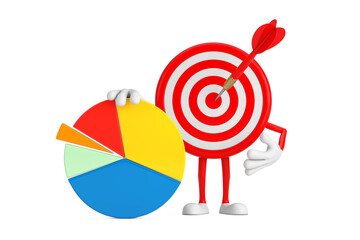 Aufkleber - Archery Target and Dart in Center Cartoon Person Character Mascot with Info Graphics Business Pie Chart. 3d Rendering