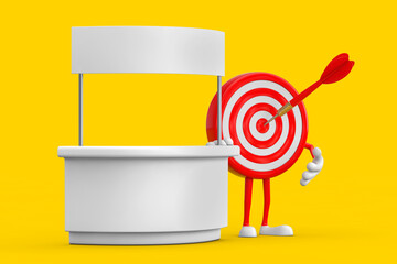 Poster - Archery Target and Dart in Center Cartoon Person Character Mascot near Blank Promotion Stand with Free Space for Your Design. 3d Rendering