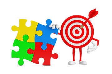 Aufkleber - Archery Target and Dart in Center Cartoon Person Character Mascot with Four Pieces of Colorful Jigsaw Puzzle. 3d Rendering