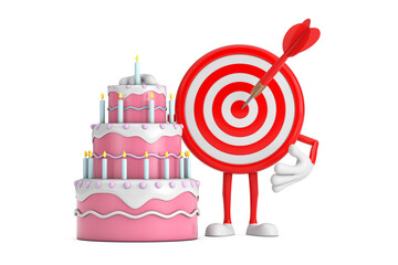Leinwandbilder - Archery Target and Dart in Center Cartoon Person Character Mascot with Birthday Cartoon Dessert Tiered Cake and Candles. 3d Rendering
