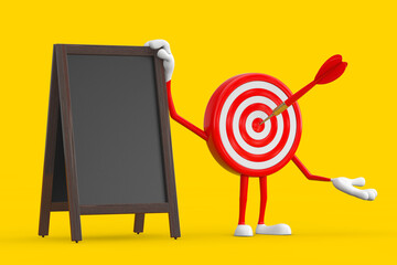Leinwandbilder - Archery Target and Dart in Center Cartoon Person Character Mascot with Blank Wooden Menu Blackboards Outdoor Display. 3d Rendering