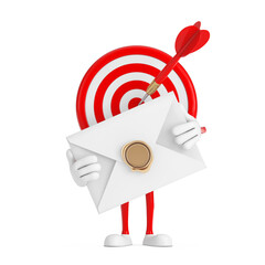 Leinwandbilder - Archery Target and Dart in Center Cartoon Person Character Mascot with White Blank Envelope. 3d Rendering