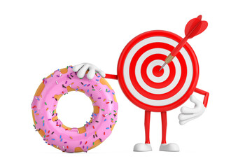 Leinwandbilder - Archery Target and Dart in Center Cartoon Person Character Mascot with Big Strawberry Pink Glazed Donut. 3d Rendering