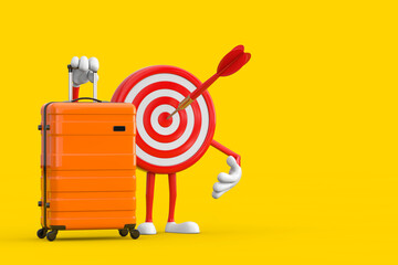 Leinwandbilder - Archery Target and Dart in Center Cartoon Person Character Mascot with Orange Travel Suitcase. 3d Rendering