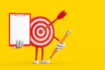 Poster - Archery Target and Dart in Center Cartoon Person Character Mascot with Red Plastic Clipboard, Paper and Pencil. 3d Rendering
