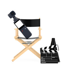 Poster - Pocket Handheld Gimbal Action Camera with Director Chair, Movie Clapper and Megaphone. 3d Rendering