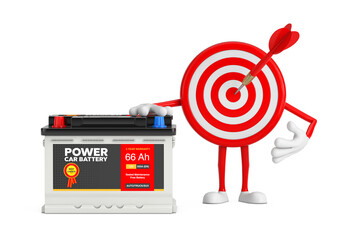 Poster - Archery Target and Dart in Center Cartoon Person Character Mascot and Rechargeable Car Battery 12V Accumulator with Abstract Label. 3d Rendering