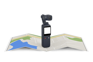 Leinwandbilder - Pocket Handheld Gimbal Action Camera with Abstract City Plan Map. 3d Rendering