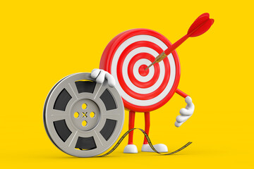 Leinwandbilder - Archery Target and Dart in Center Cartoon Person Character Mascot with Film Reel Cinema Tape. 3d Rendering
