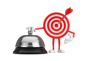 Aufkleber - Archery Target and Dart in Center Cartoon Person Character Mascot with Hotel Service Bell Call. 3d Rendering