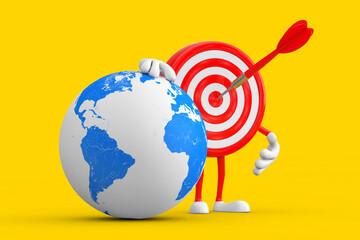 Leinwandbilder - Archery Target and Dart in Center Cartoon Person Character Mascot with Earth Globe. 3d Rendering