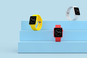 Poster - White, Yellow and Red Modern Smart Watch Mockups on a Blue Product Presentation Podium Cube. 3d Rendering