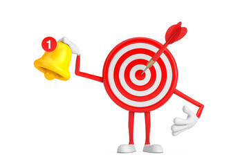Leinwandbilder - Archery Target and Dart in Center Cartoon Person Character Mascot witn Cartoon Social Media Notification Bell and New Message Icon. 3d Rendering