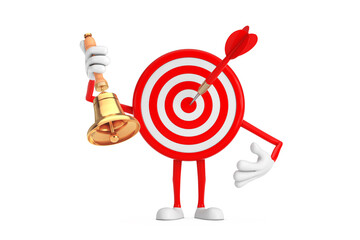Leinwandbilder - Archery Target and Dart in Center Cartoon Person Character Mascot with Vintage Golden School Bell. 3d Rendering