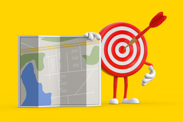 Poster - Archery Target and Dart in Center Cartoon Person Character Mascot with Abstract City Plan Map. 3d Rendering