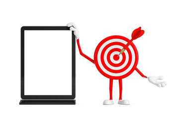 Leinwandbilder - Archery Target and Dart in Center Cartoon Person Character Mascot with Blank Trade Show LCD Screen Display Stand as Template for Your Design. 3d Rendering