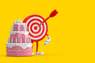 Leinwandbilder - Archery Target and Dart in Center Cartoon Person Character Mascot with Birthday Cartoon Dessert Tiered Cake and Candles. 3d Rendering