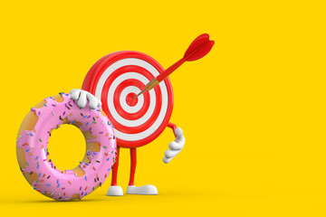 Leinwandbilder - Archery Target and Dart in Center Cartoon Person Character Mascot with Big Strawberry Pink Glazed Donut. 3d Rendering